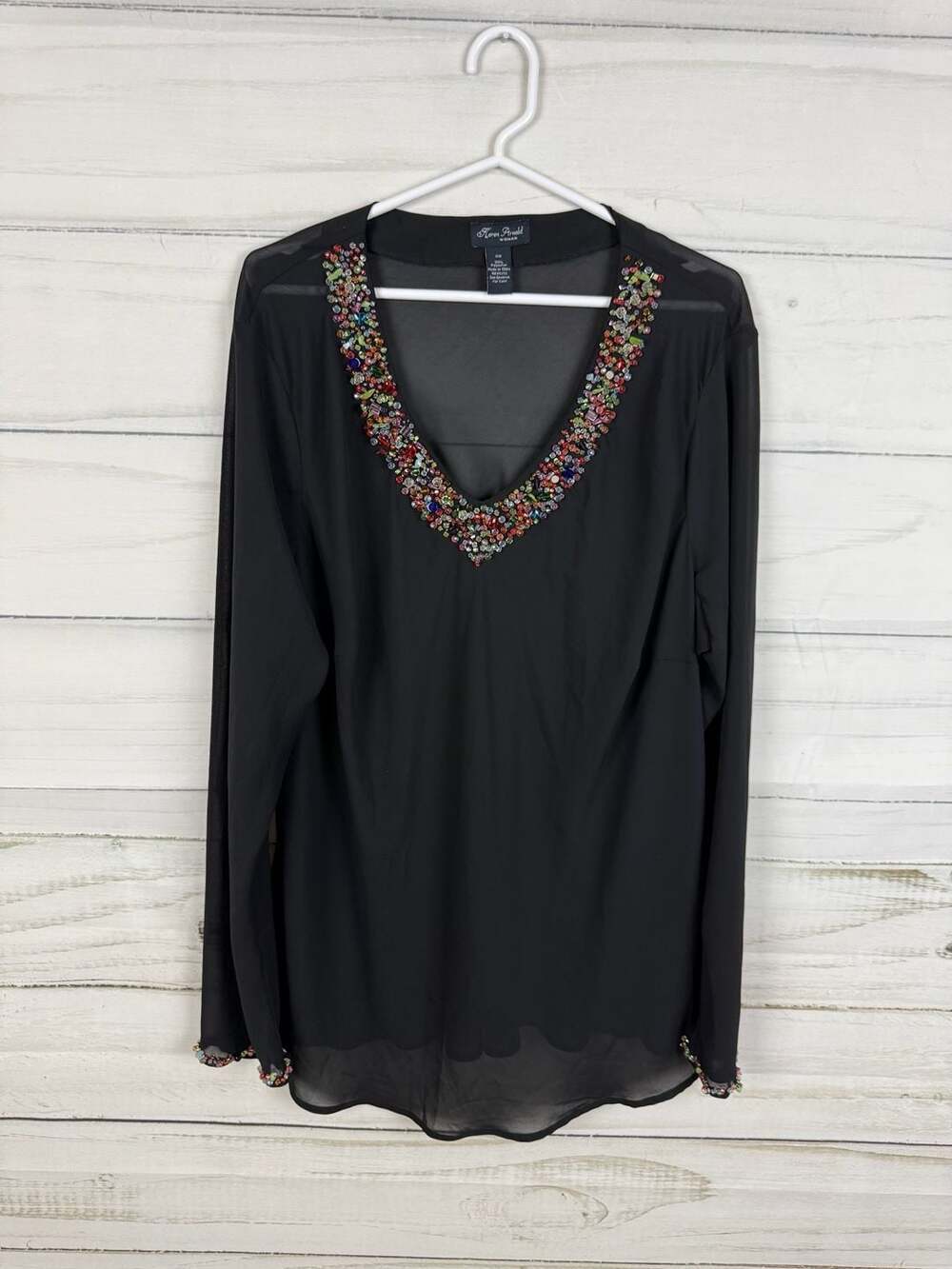 Karen Arnold Woman Plus Size 2X Black Chiffon Beaded V-Neck Blouse